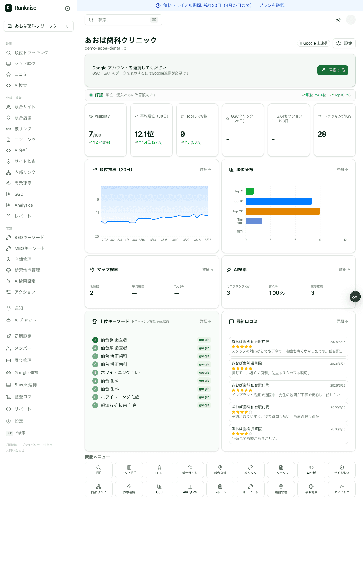 Rankaiseダッシュボード — SEO順位・口コミ・AI検索を一覧管理